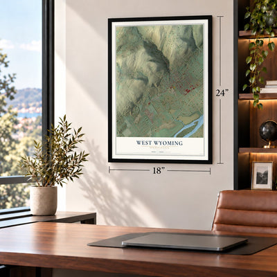 West Wyoming, Pennsylvania map, 18 x 24 inch print in a black frame in a home office