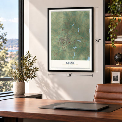 Keene, Texas map, 18 x 24 inch print in a black frame in a home office