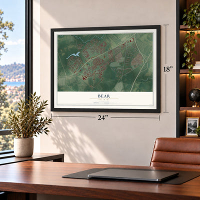 Bear, Delaware map, 18 x 24 inch print in a black frame in a home office