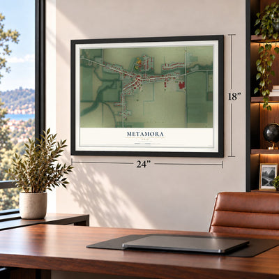 Metamora, Ohio map, 18 x 24 inch print in a black frame in a home office