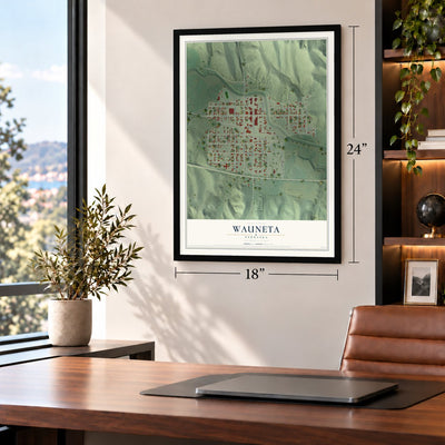Wauneta, Nebraska map, 18 x 24 inch print in a black frame in a home office