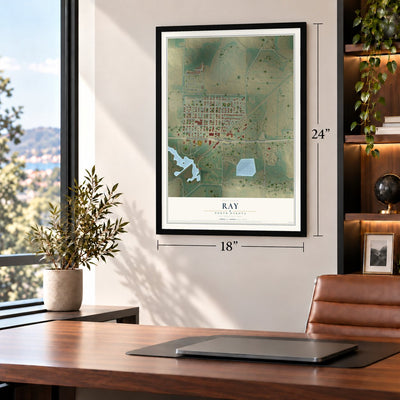Ray, North Dakota map, 18 x 24 inch print in a black frame in a home office