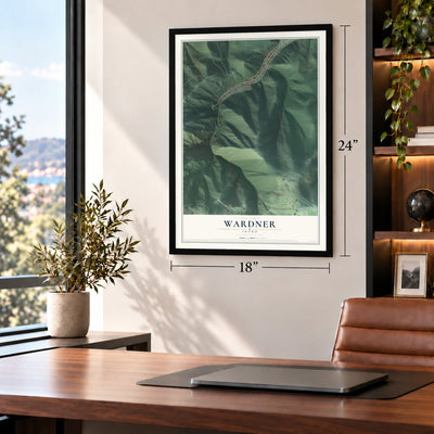 Wardner, Idaho map, 18 x 24 inch print in a black frame in a home office