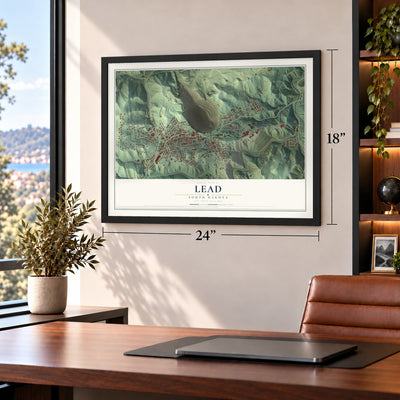 Lead, South Dakota map, 18 x 24 inch print in a black frame in a home office