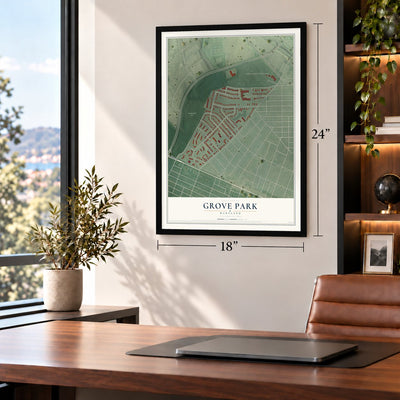 Grove Park, Maryland map, 18 x 24 inch print in a black frame in a home office