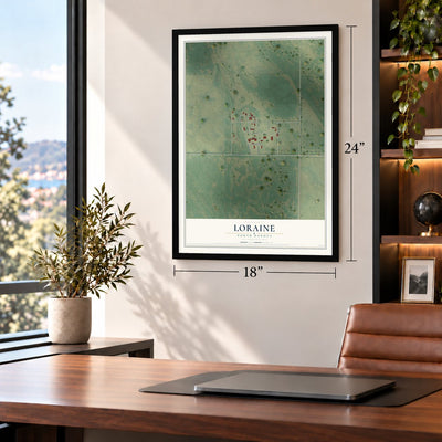 Loraine, North Dakota map, 18 x 24 inch print in a black frame in a home office
