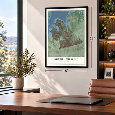 North Hempstead, New York map, 18 x 24 inch print in a black frame in a home office