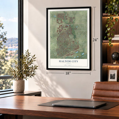Haltom City, Texas map, 18 x 24 inch print in a black frame in a home office