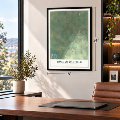 Town of Oakfield, Wisconsin map, 18 x 24 inch print in a black frame in a home office