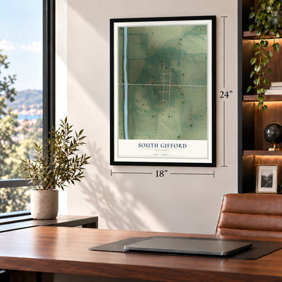 South Gifford, Missouri map, 18 x 24 inch print in a black frame in a home office