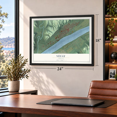 Vevay, Indiana map, 18 x 24 inch print in a black frame in a home office