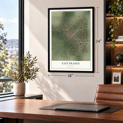 East Prairie, Missouri map, 18 x 24 inch print in a black frame in a home office
