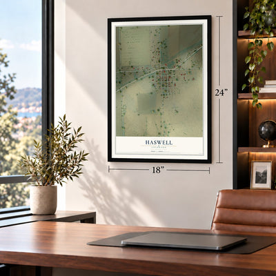 Haswell, Colorado map, 18 x 24 inch print in a black frame in a home office