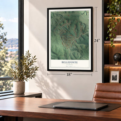 Bellefonte, Kentucky map, 18 x 24 inch print in a black frame in a home office
