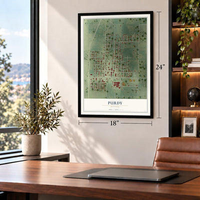 Purdy, Missouri map, 18 x 24 inch print in a black frame in a home office