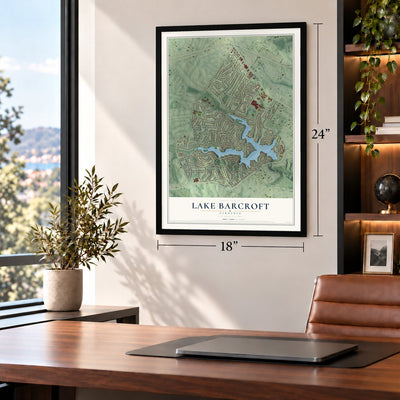 Lake Barcroft, Virginia map, 18 x 24 inch print in a black frame in a home office