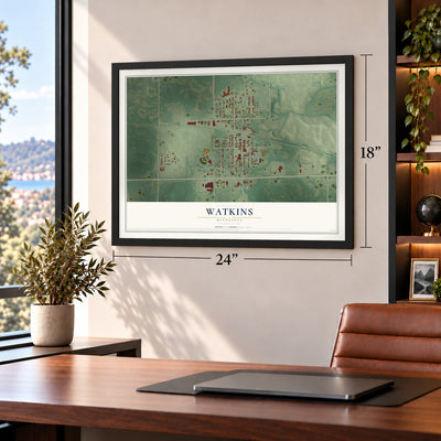 Watkins, Minnesota map, 18 x 24 inch print in a black frame in a home office