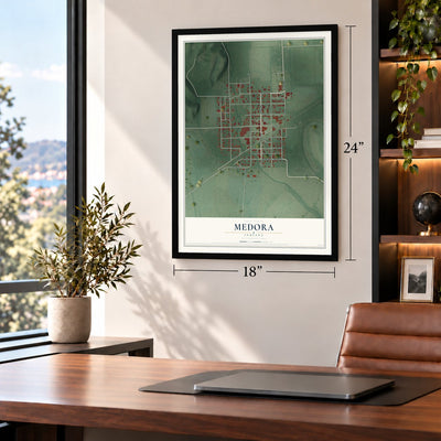 Medora, Indiana map, 18 x 24 inch print in a black frame in a home office