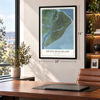 Hilton Head Island, South Carolina map, 18 x 24 inch print in a black frame in a home office