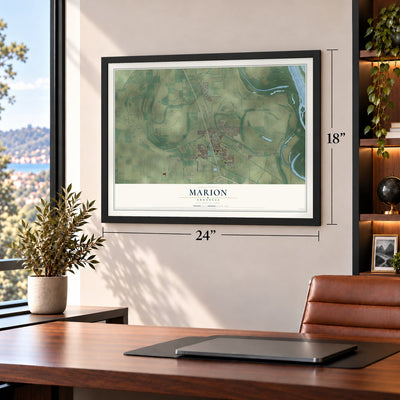 Marion, Arkansas map, 18 x 24 inch print in a black frame in a home office