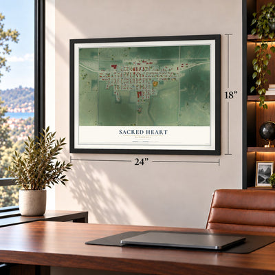 Sacred Heart, Minnesota map, 18 x 24 inch print in a black frame in a home office