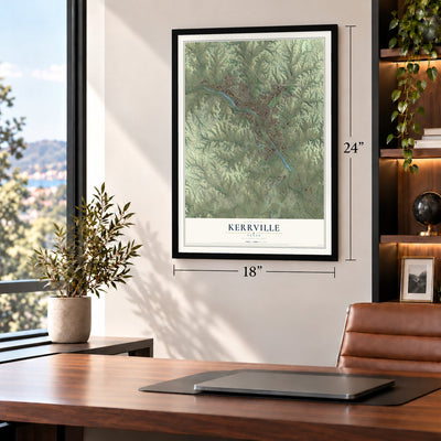 Kerrville, Texas map, 18 x 24 inch print in a black frame in a home office