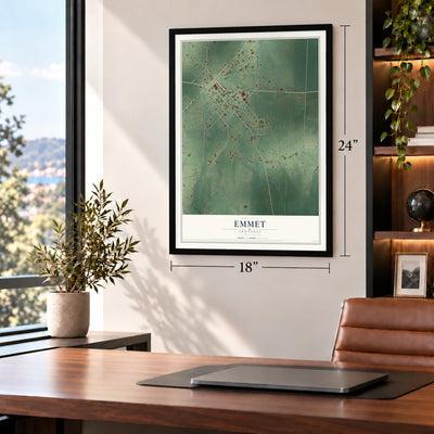 Emmet, Arkansas map, 18 x 24 inch print in a black frame in a home office