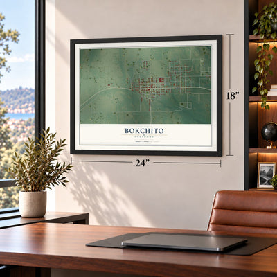 Bokchito, Oklahoma map, 18 x 24 inch print in a black frame in a home office