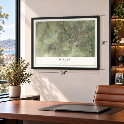 Borger, Texas map, 18 x 24 inch print in a black frame in a home office