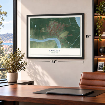 Laplace, Louisiana map, 18 x 24 inch print in a black frame in a home office