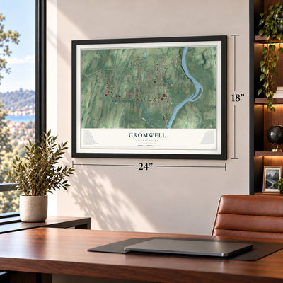 Cromwell, Connecticut map, 18 x 24 inch print in a black frame in a home office