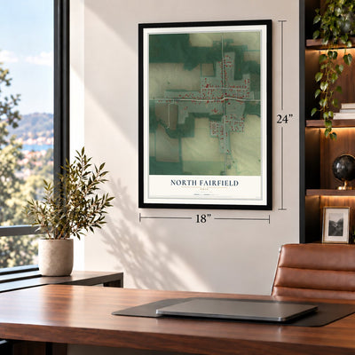 North Fairfield, Ohio map, 18 x 24 inch print in a black frame in a home office