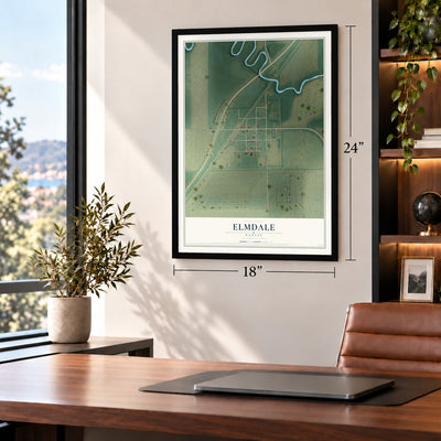 Elmdale, Kansas map, 18 x 24 inch print in a black frame in a home office