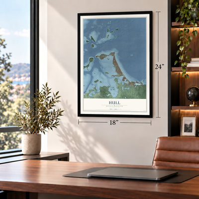 Hull, Massachusetts map, 18 x 24 inch print in a black frame in a home office