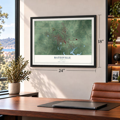 Batesville, Indiana map, 18 x 24 inch print in a black frame in a home office