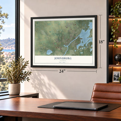 Johnsburg, Illinois map, 18 x 24 inch print in a black frame in a home office