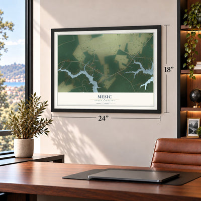 Mesic, North Carolina map, 18 x 24 inch print in a black frame in a home office