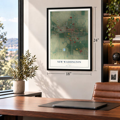 New Washington, Ohio map, 18 x 24 inch print in a black frame in a home office