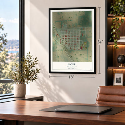 Hope, North Dakota map, 18 x 24 inch print in a black frame in a home office