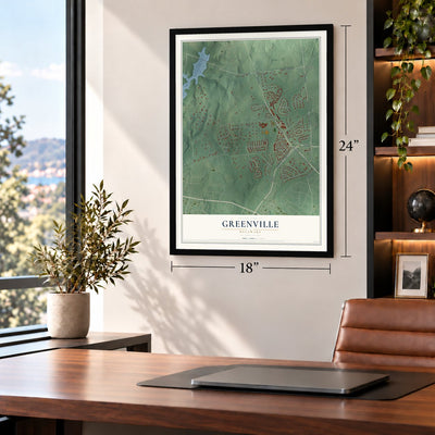 Greenville, Delaware map, 18 x 24 inch print in a black frame in a home office