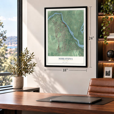 Niskayuna, New York map, 18 x 24 inch print in a black frame in a home office