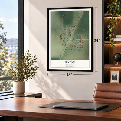Fenton, Louisiana map, 18 x 24 inch print in a black frame in a home office