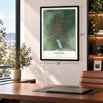 Osgood, Indiana map, 18 x 24 inch print in a black frame in a home office
