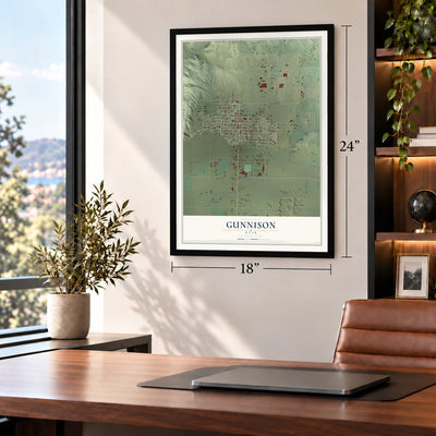 Gunnison, Utah map, 18 x 24 inch print in a black frame in a home office