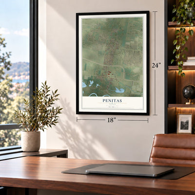 Penitas, Texas map, 18 x 24 inch print in a black frame in a home office