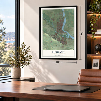 Richland, Washington map, 18 x 24 inch print in a black frame in a home office