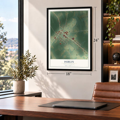 Dublin, North Carolina map, 18 x 24 inch print in a black frame in a home office