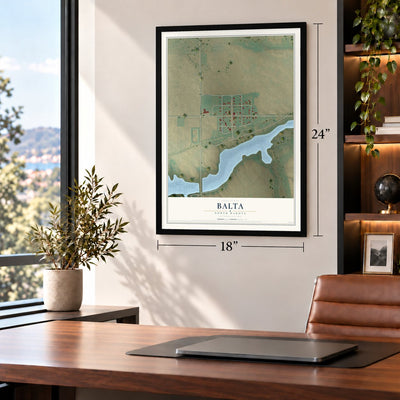 Balta, North Dakota map, 18 x 24 inch print in a black frame in a home office