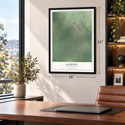 Jackson, South Carolina map, 18 x 24 inch print in a black frame in a home office