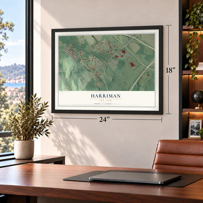 Harriman, New York map, 18 x 24 inch print in a black frame in a home office